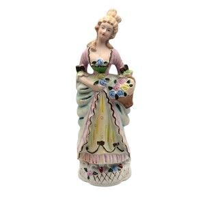 Vintage Bisque Porcelain Victorian Lady with Flower Basket Figurine Japan 11"